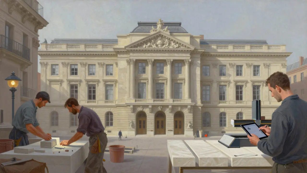 Time-lapse artistic comparison of traditional and modern Beaux-Arts construction.