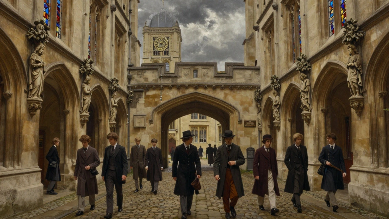Victorian students walking beneath ornate Gothic arches in a university courtyard.