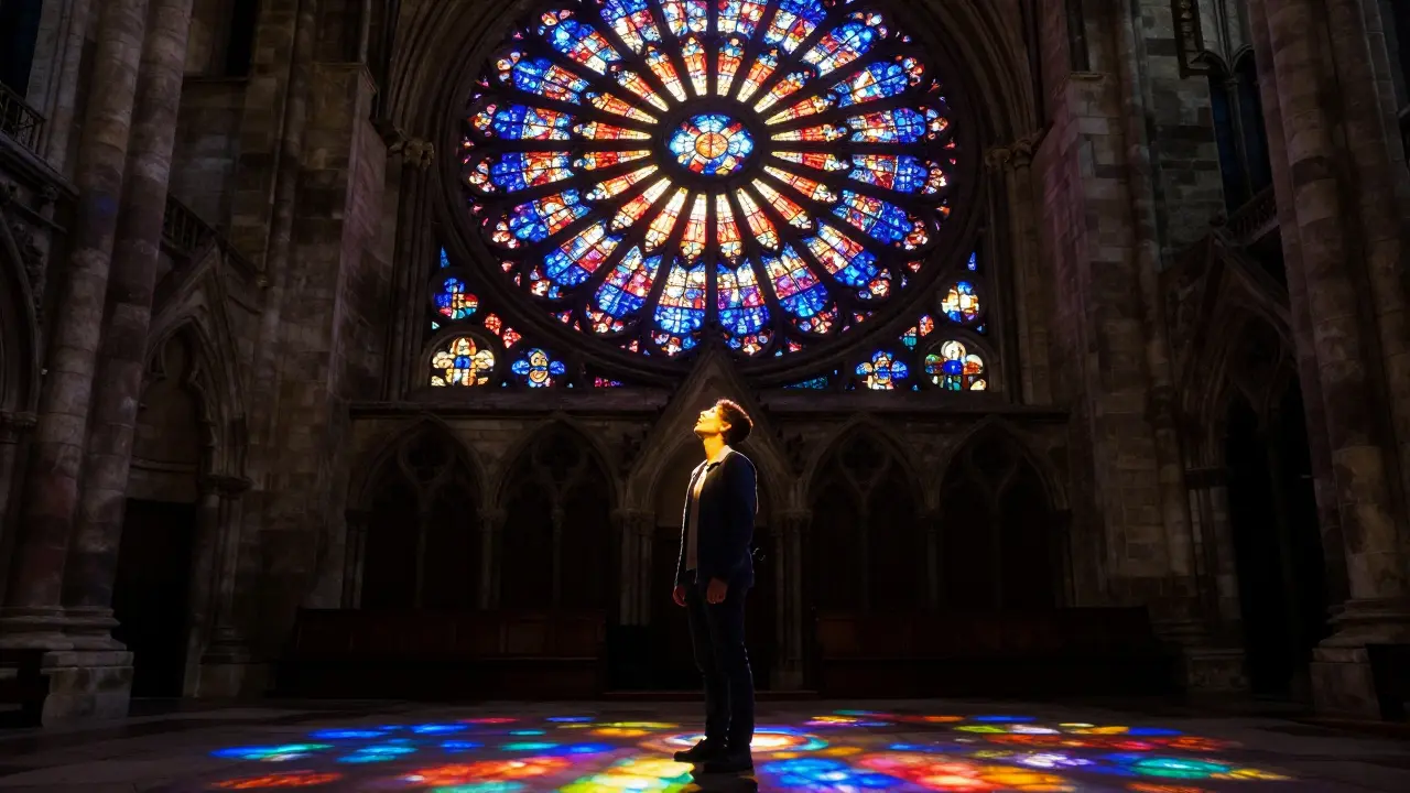 A person standing beneath a radiant stained glass rose window, bathed in jewel-colored light.