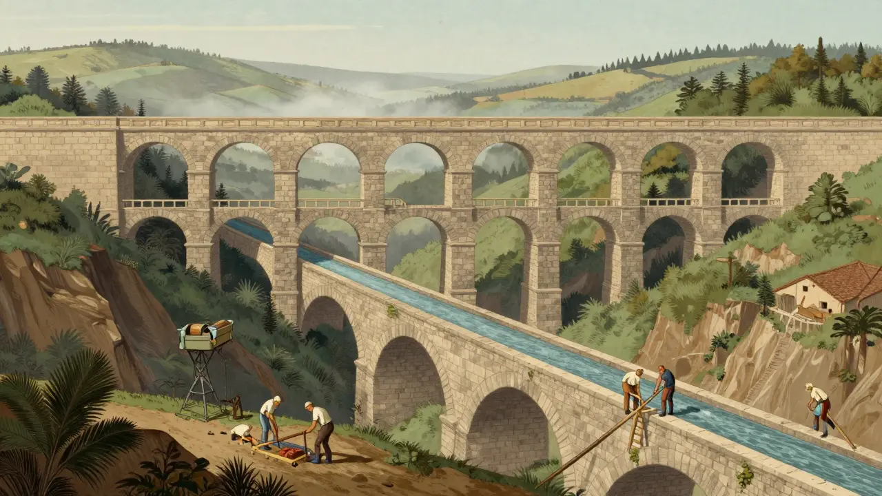 A Roman aqueduct spanning a valley with engineers using a leveling tool.