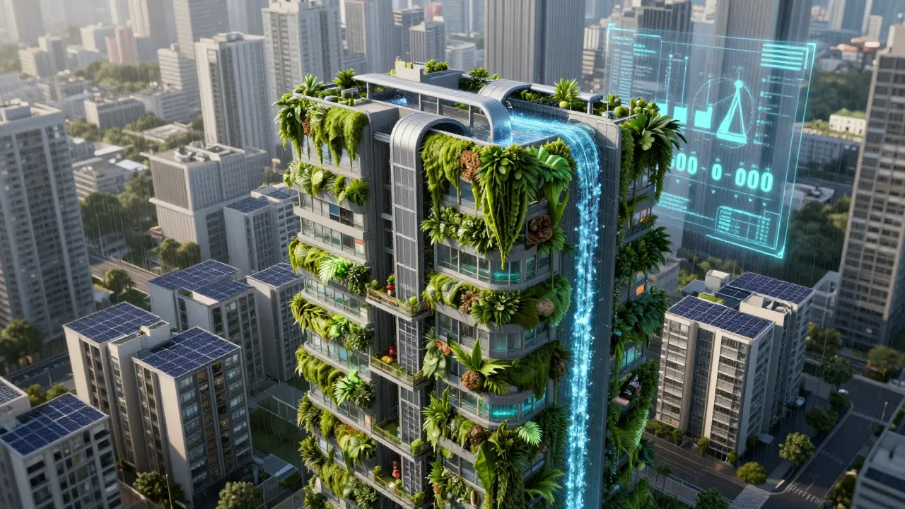 A tower with algae bioreactors and rainwater harvesting systems, surrounded by modular solar-powered housing pods and a digital twin hologram.