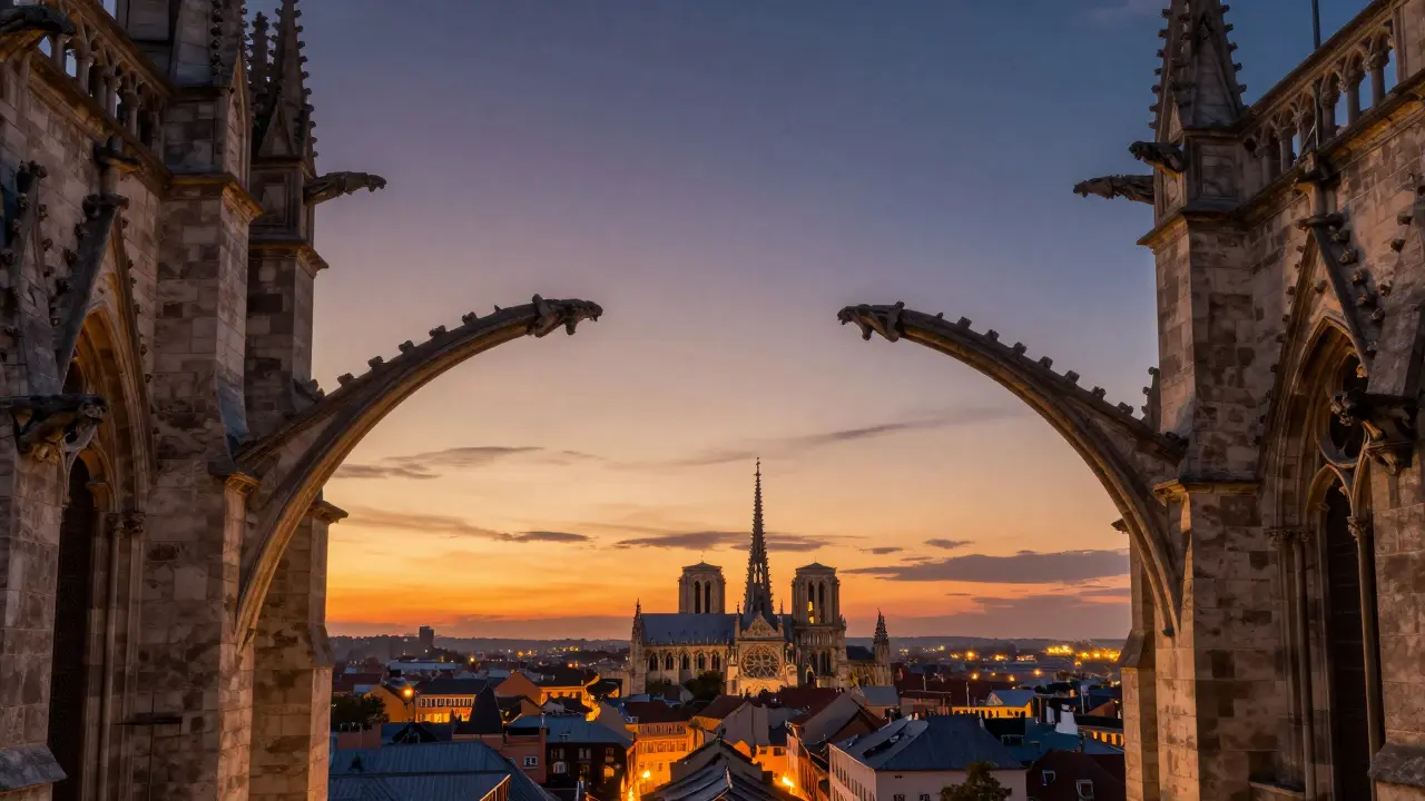 Flying buttresses arching against a sunset sky, illuminated stone carvings and gargoyles visible.