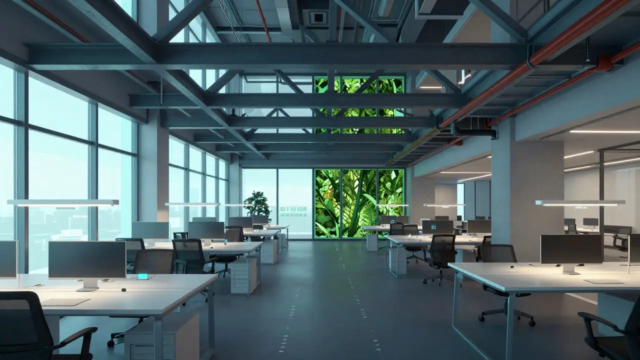 Interior of a smart office with exposed engineering systems, ambient lighting, and algae panels creating a serene high-tech environment.