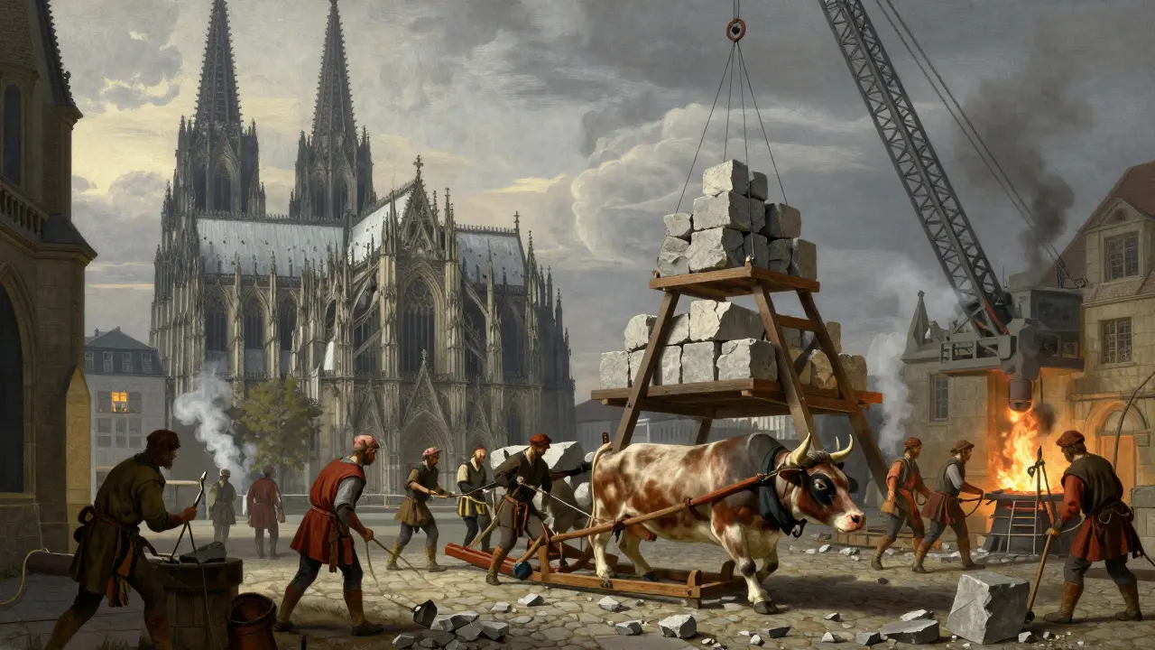 Medieval builders hauling stone blocks to construct Cologne Cathedral with cranes and oxen.
