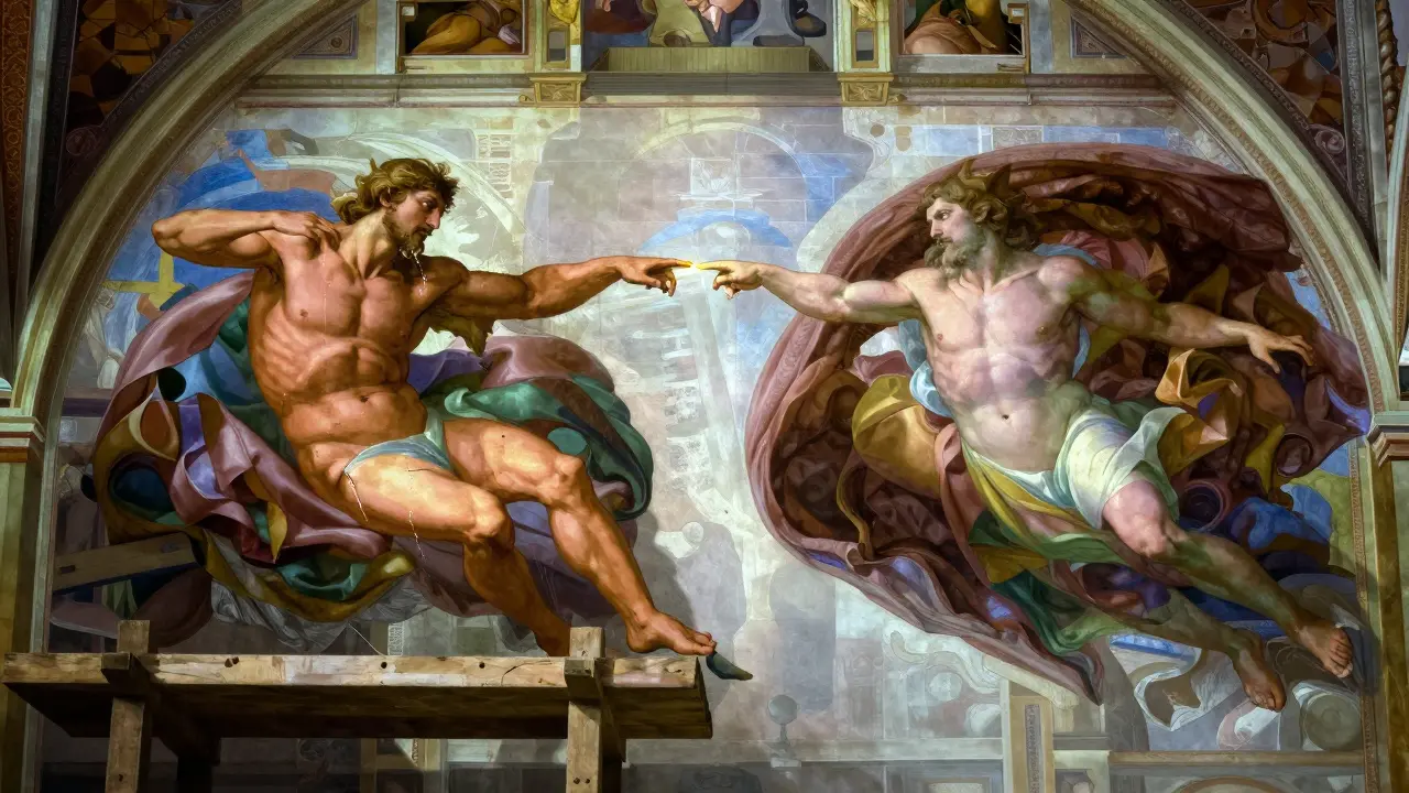 Michelangelo painting the Sistine Chapel, God and Adam's hands nearly touching in golden light.