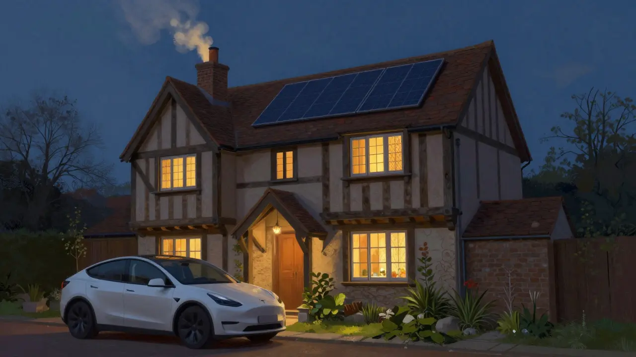 Night view of a Tudor-inspired home with glowing timbers, passive chimney vent, and Tesla parked nearby.