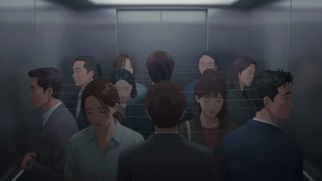Silent passengers in an elevator connected by invisible social norms, one slightly out of place.