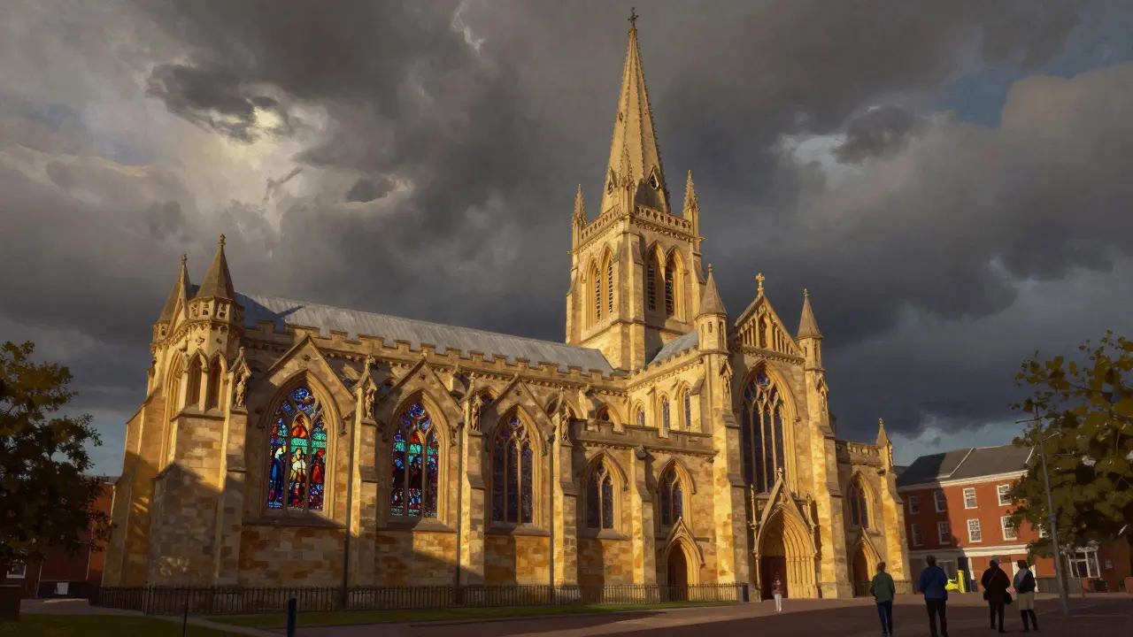 St. George’s Cathedral in Perth at sunset, spire rising above glowing stained glass and modern visitors below.
