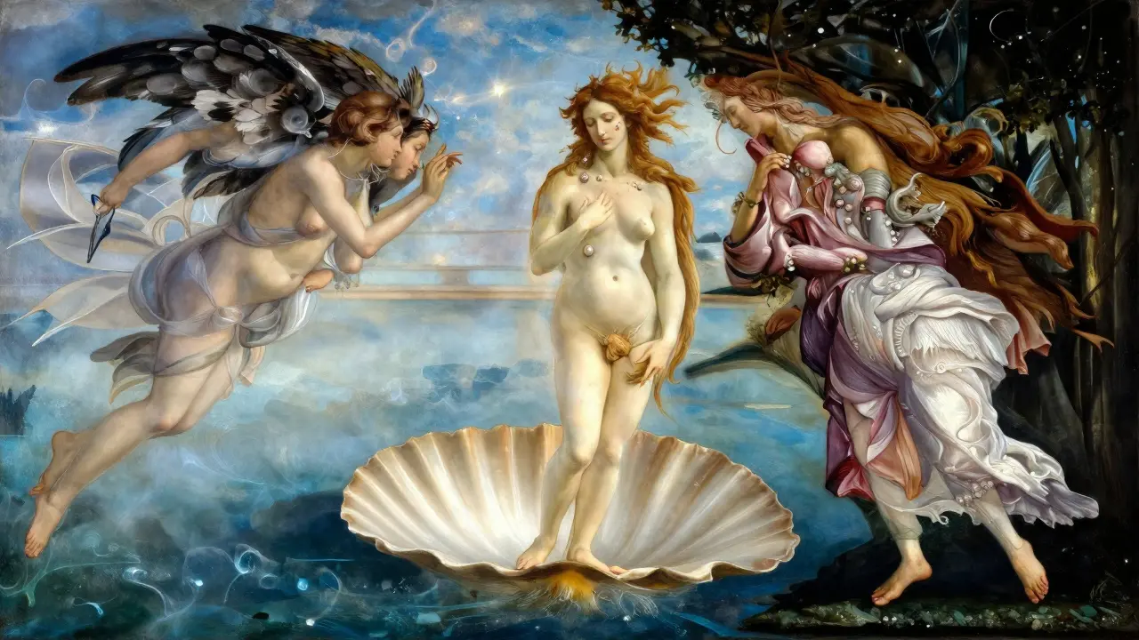 Venus emerging from the sea on a shell, wind gods blowing her ashore in a soft, dreamlike scene.
