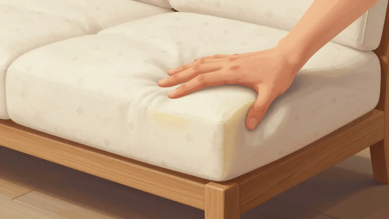 A hand pressing into a sofa cushion to test firmness, revealing premium foam and feather blend construction.