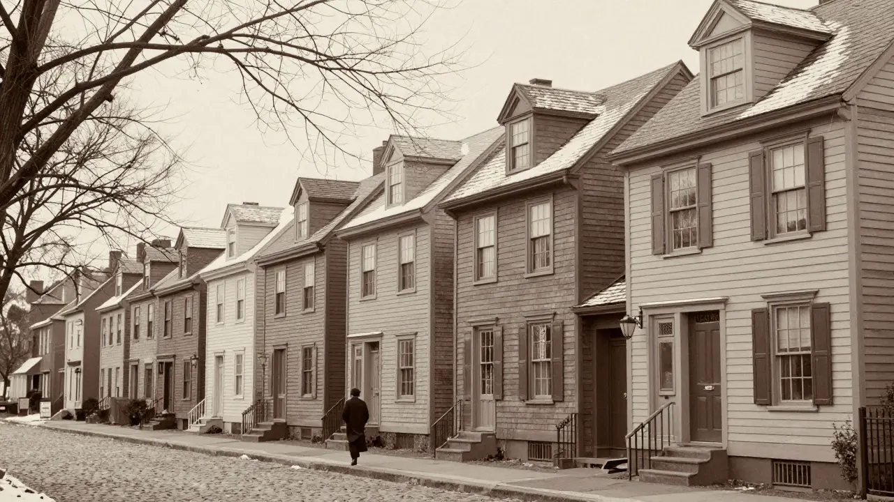 A historic street in Hudson, NY, lined with Dutch Colonial Revival homes under a light snowfall.