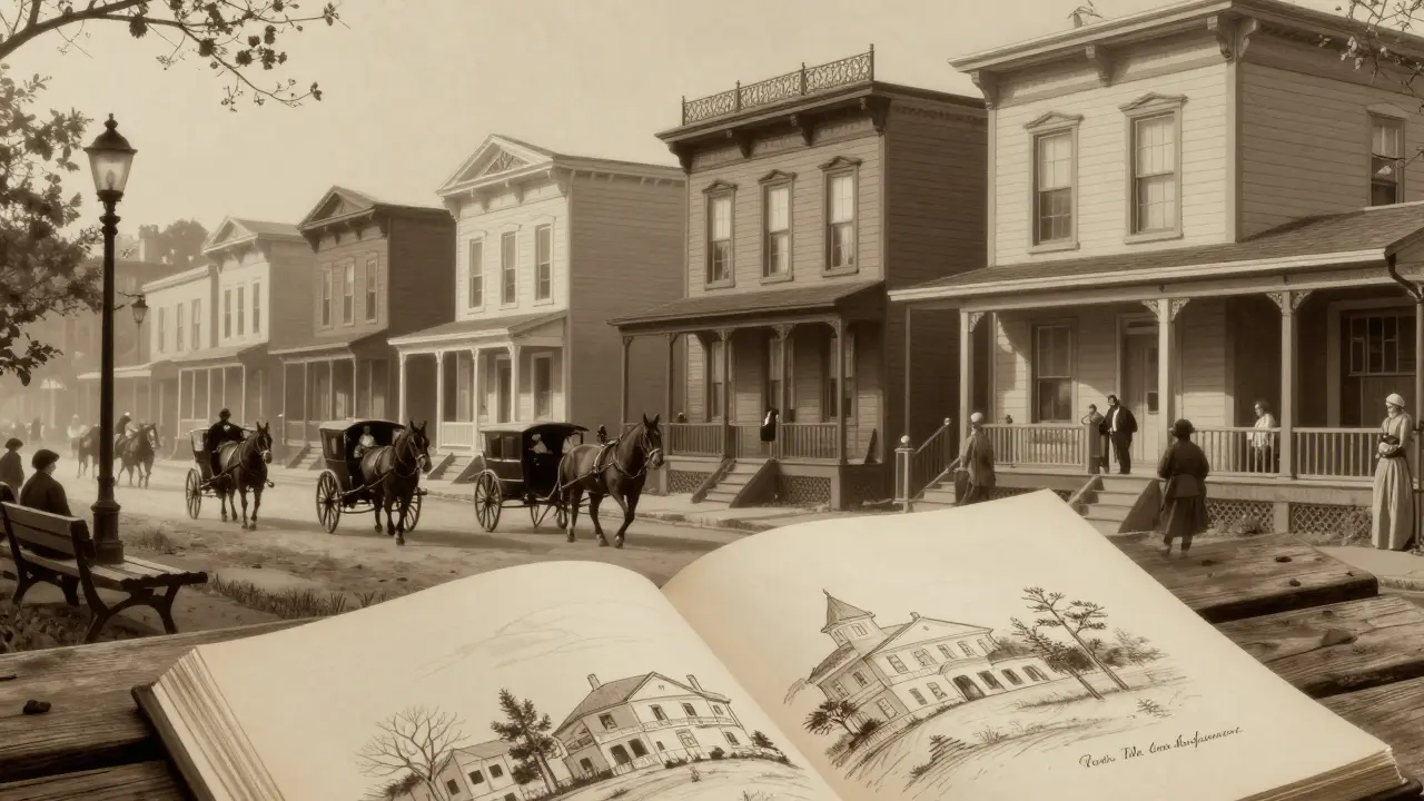 A row of Italianate houses in a 19th-century American street, with horse-drawn carriages and pattern books hinting at Tuscan roots.