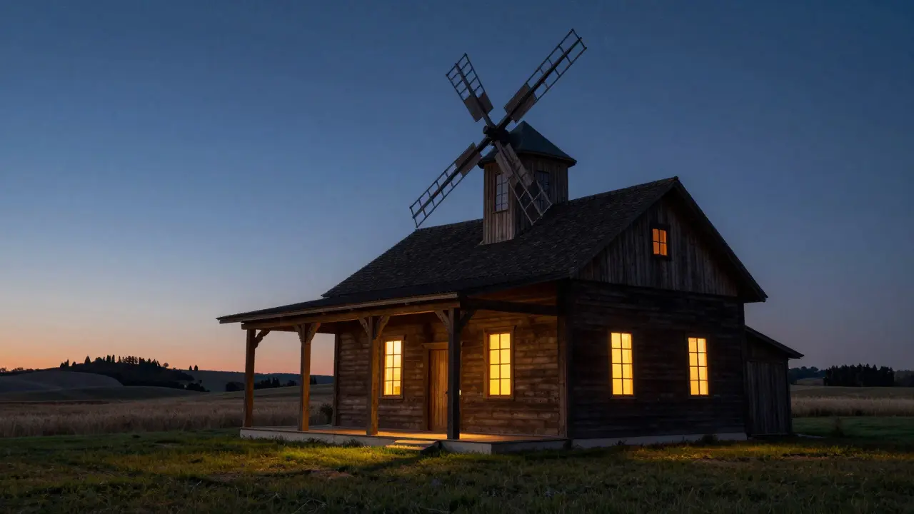 A rural Italianate farmhouse at twilight, its cupola silhouetted against the stars, evoking dreams of European elegance.