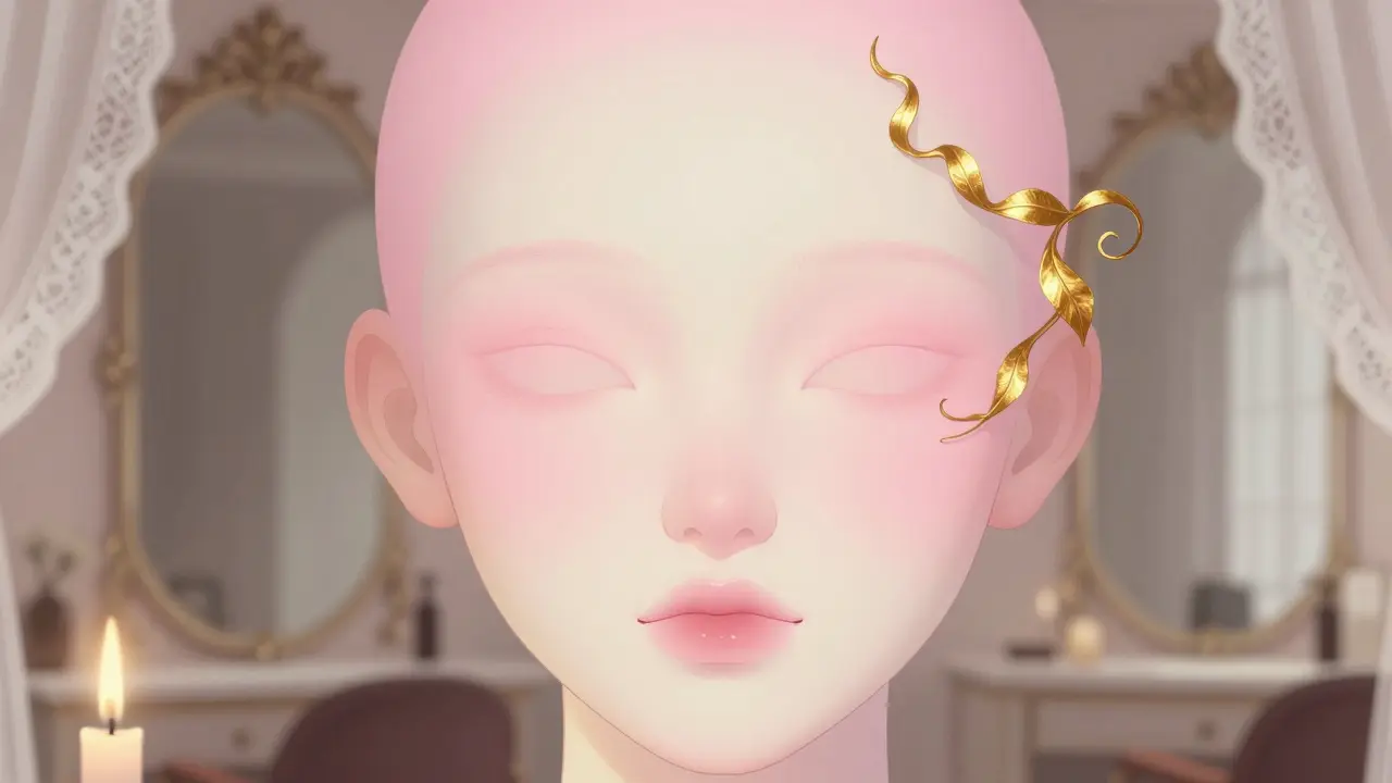 Close-up portrait with glowing skin and a single gold tendril, lit by soft candlelight.