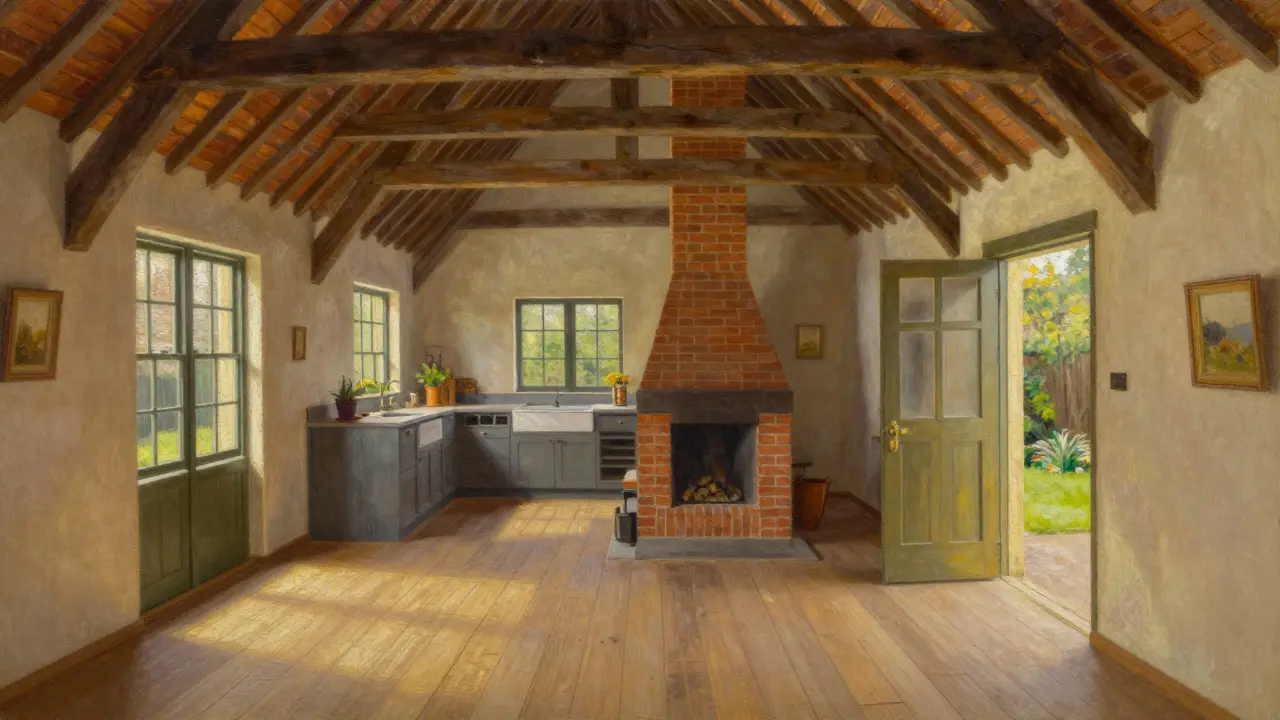 Interior of a restored Dutch Colonial home with exposed beams, a central chimney, and a partially open Dutch door.