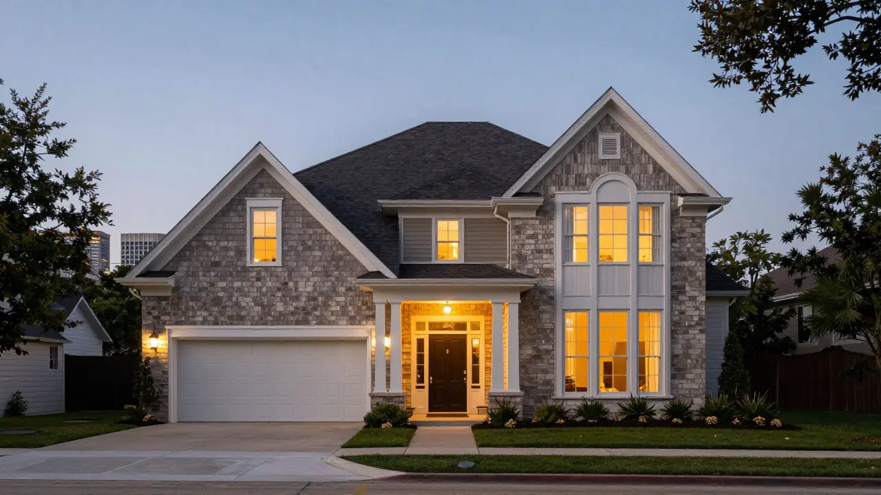 Modern Colonial Revival home in Dallas with traditional facade and contemporary garage, lit at dusk.