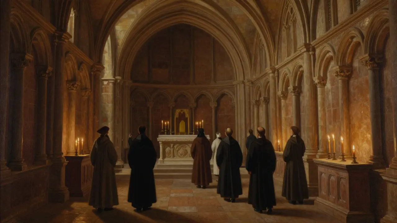 Pilgrims in Saint-Sernin Basilica's ambulatory with radiating chapels and barrel vault ceiling