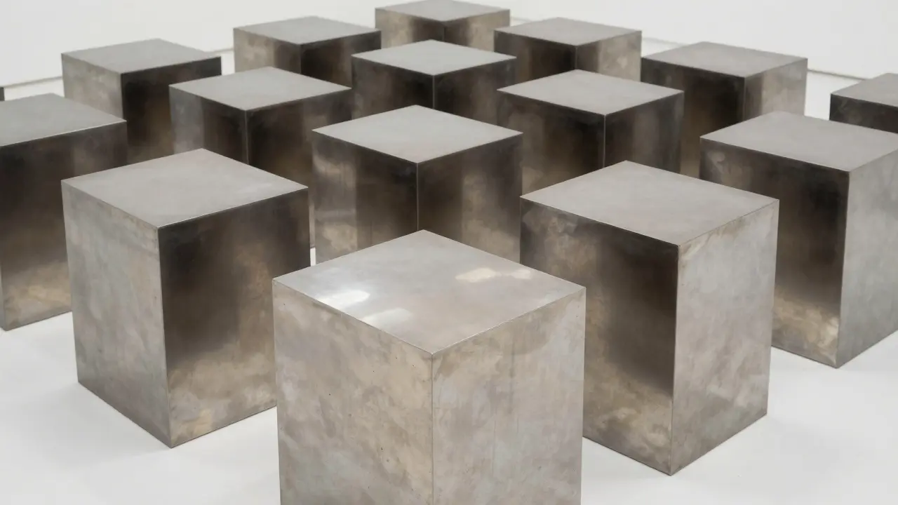 Polished steel geometric boxes arranged in a grid, reflecting light with no decoration or color.
