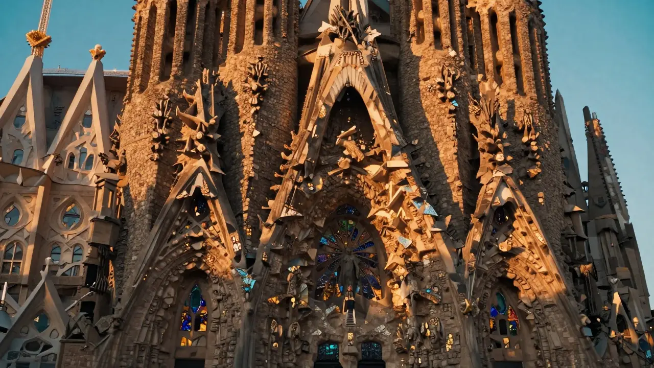 Sagrada Família's stone columns and stained glass glowing in golden sunlight, resembling a forest of architecture.