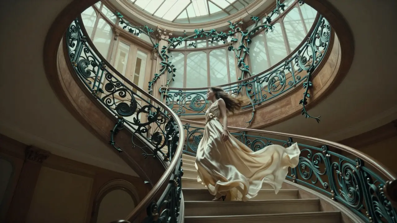 Victor Horta's spiraling iron staircase bathed in light, with a flowing dress suggesting movement and life.
