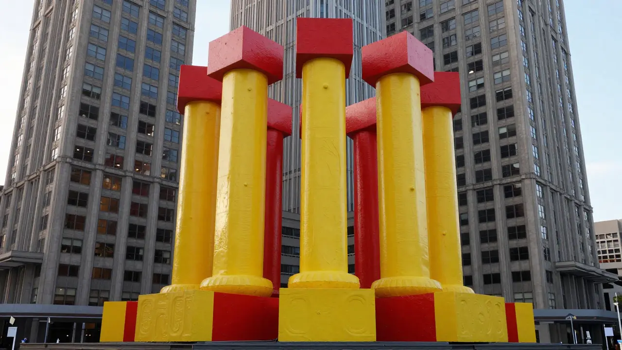 A bold, candy-colored government building with oversized columns, standing out against dull modern towers.
