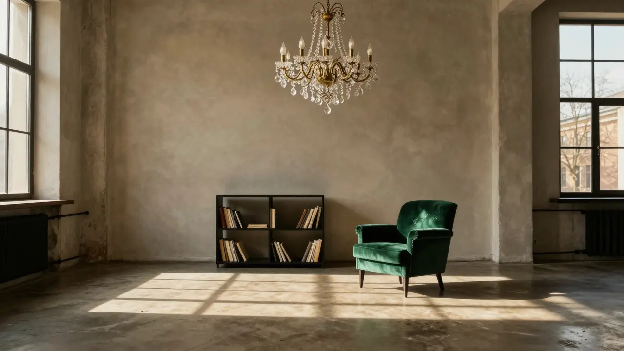 A crystal chandelier casting light patterns in a minimalist loft, beside a velvet emerald armchair.