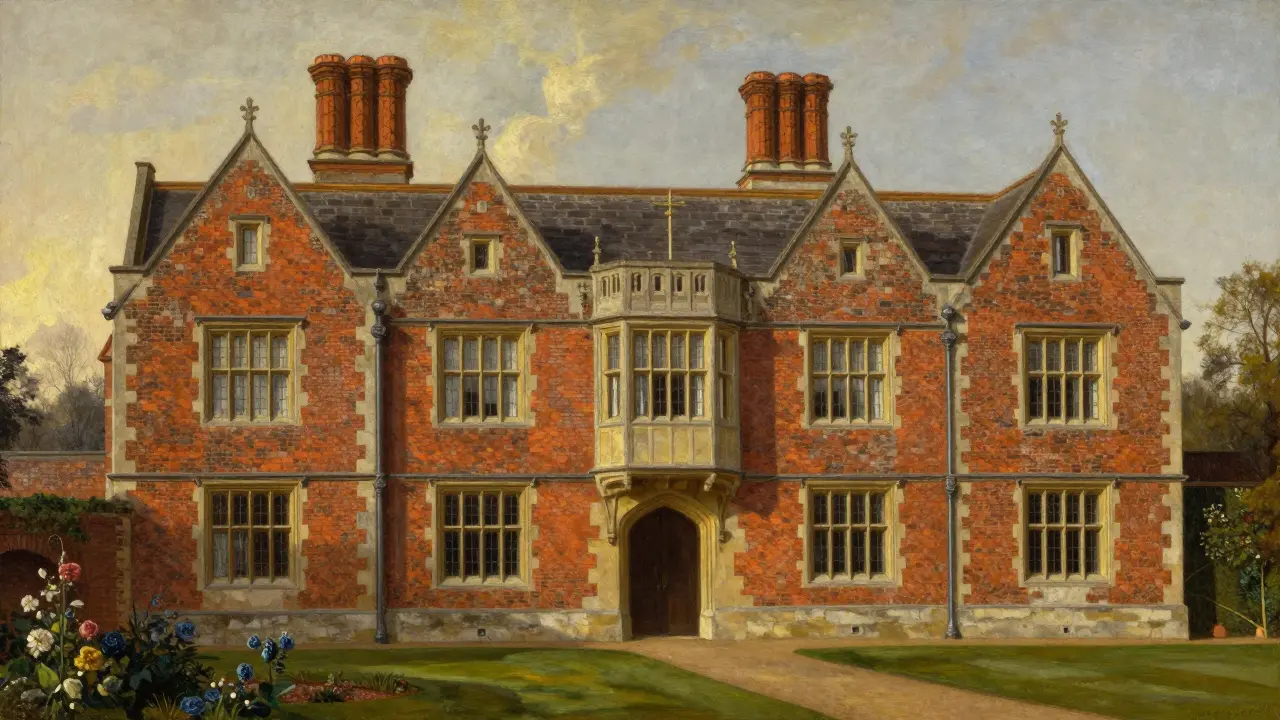 A grand Elizabethan manor with large mullioned windows and ornate brick chimneys.