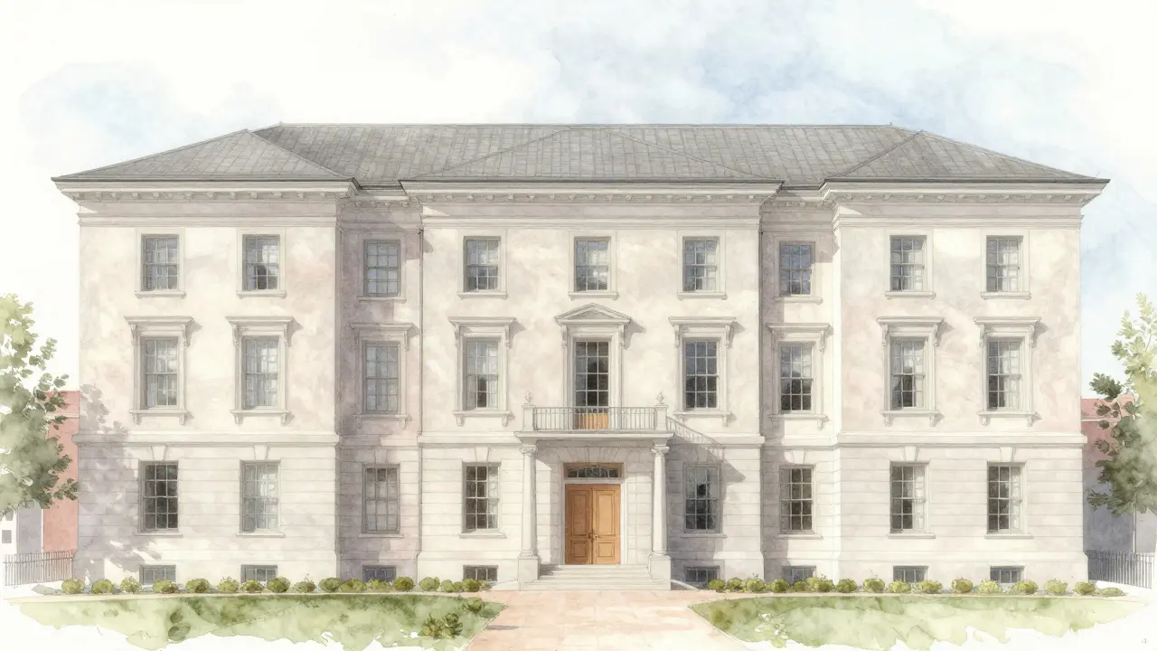 A historic federal house overlaid with a contemporary library, showing shared proportions and facade layout.