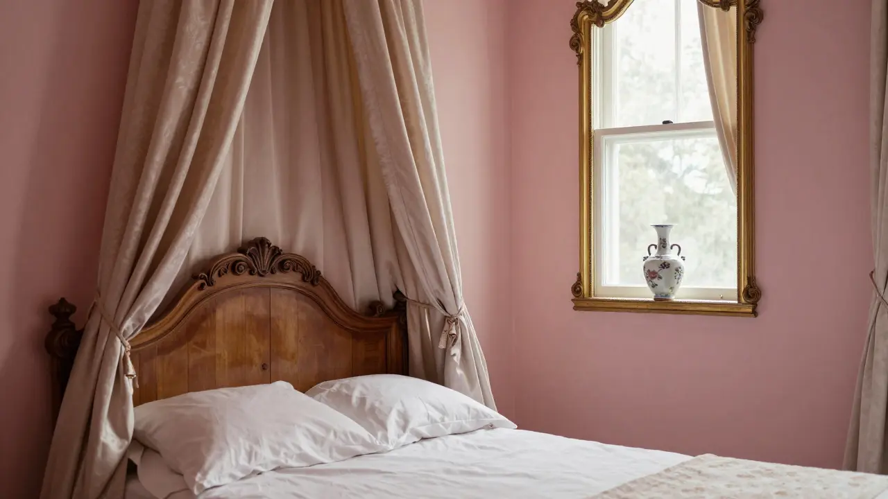 A pastel-painted bedroom with a curved headboard and gilded mirror, evoking a quiet, garden-like serenity.