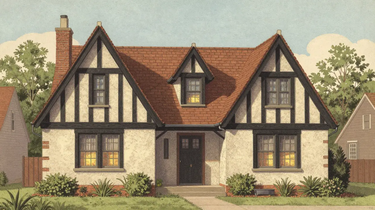 A suburban Tudor Revival home featuring steep roofs and decorative timber framing.