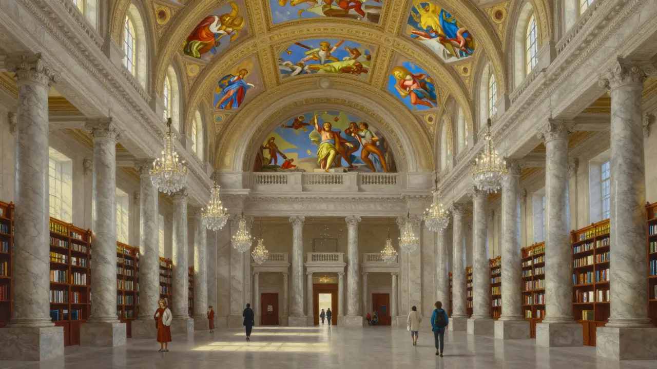 Library of Congress Great Hall with marble columns, gilded ceiling, and soft sunlight filtering through high windows.
