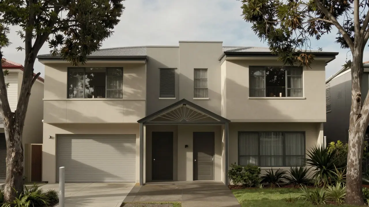 Modern Australian townhouses with centered doors and evenly spaced windows, inspired by federal design.