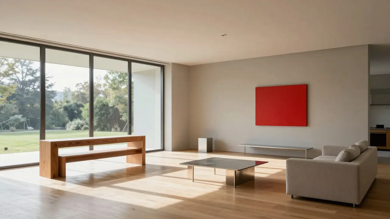 Modern minimalist living room with open plan and natural light.