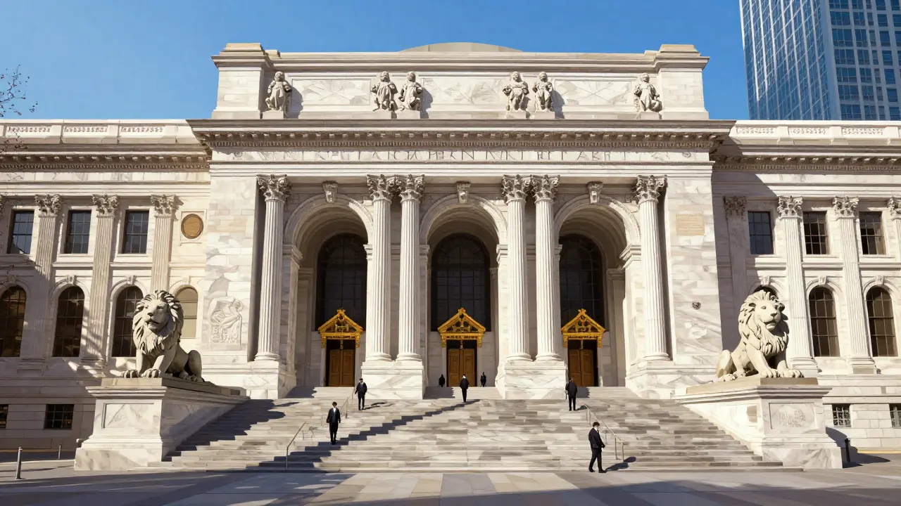New York Public Library grand staircase with lion statues and Corinthian columns under clear sky.