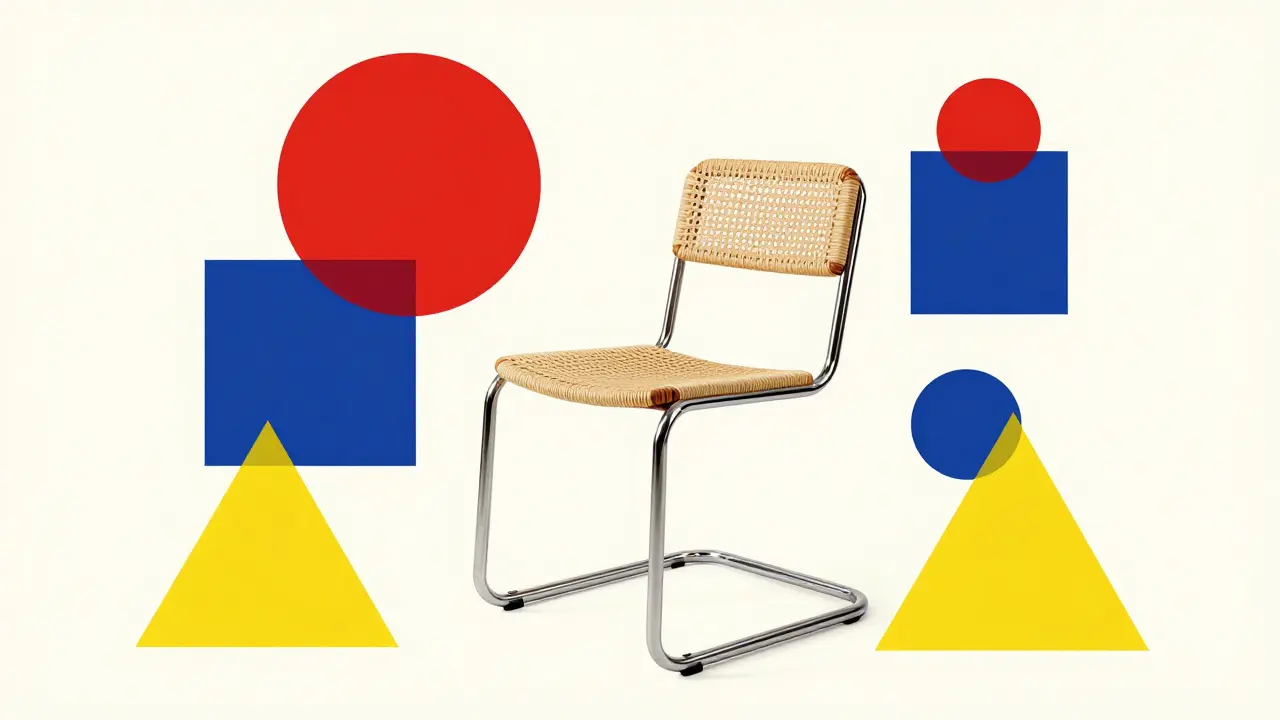 Stylized illustration of tubular steel chair and primary color shapes.