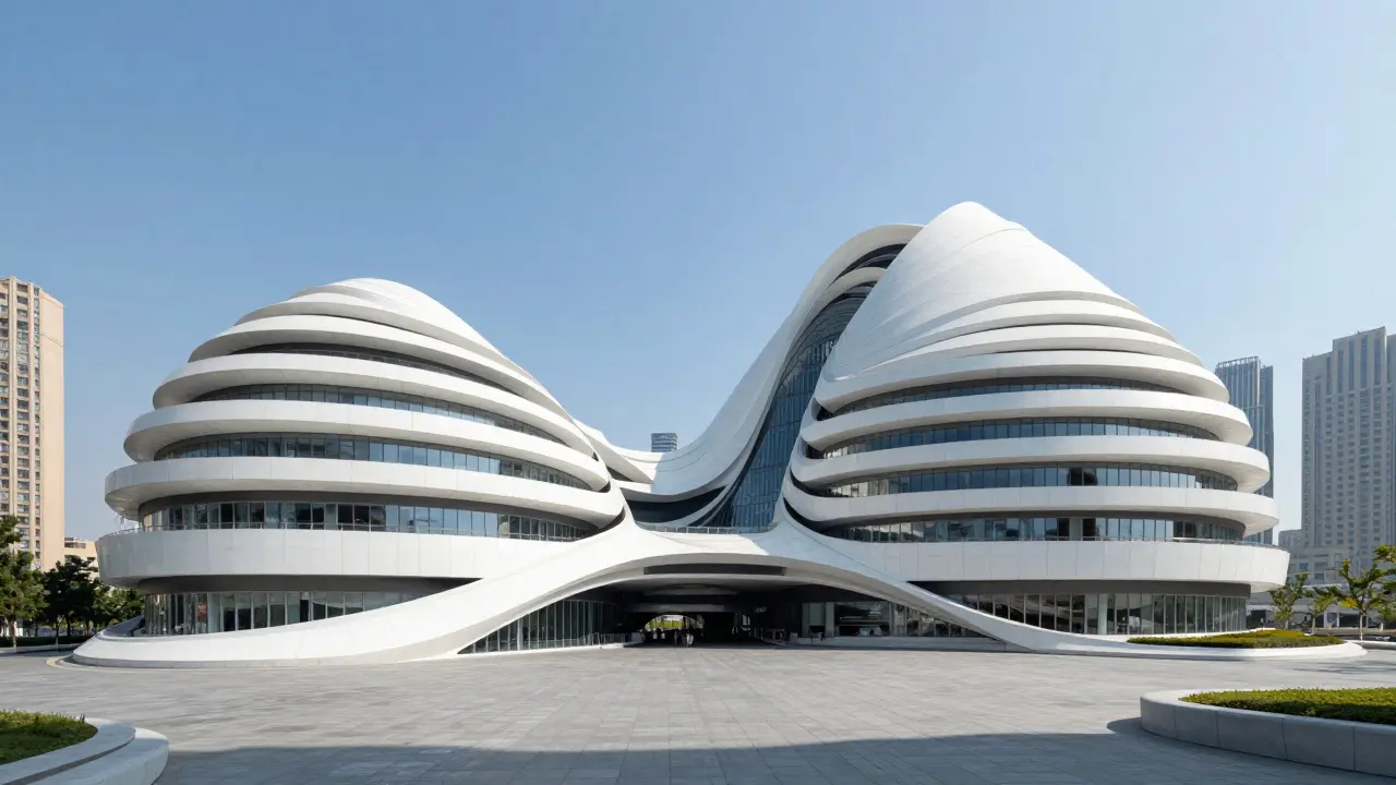 A futuristic white building with fluid, undulating curves in a modern city center.