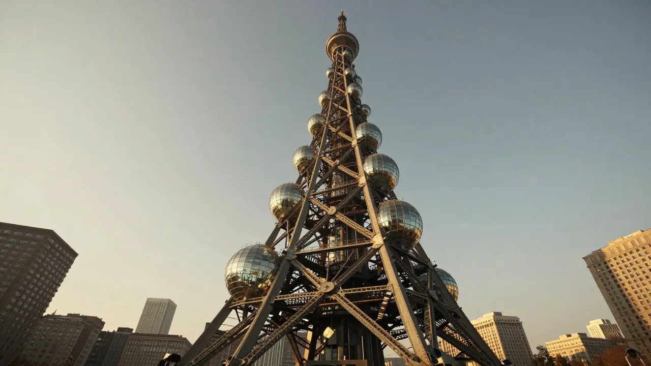 A monumental spiraling iron tower dominating a city skyline at sunset.