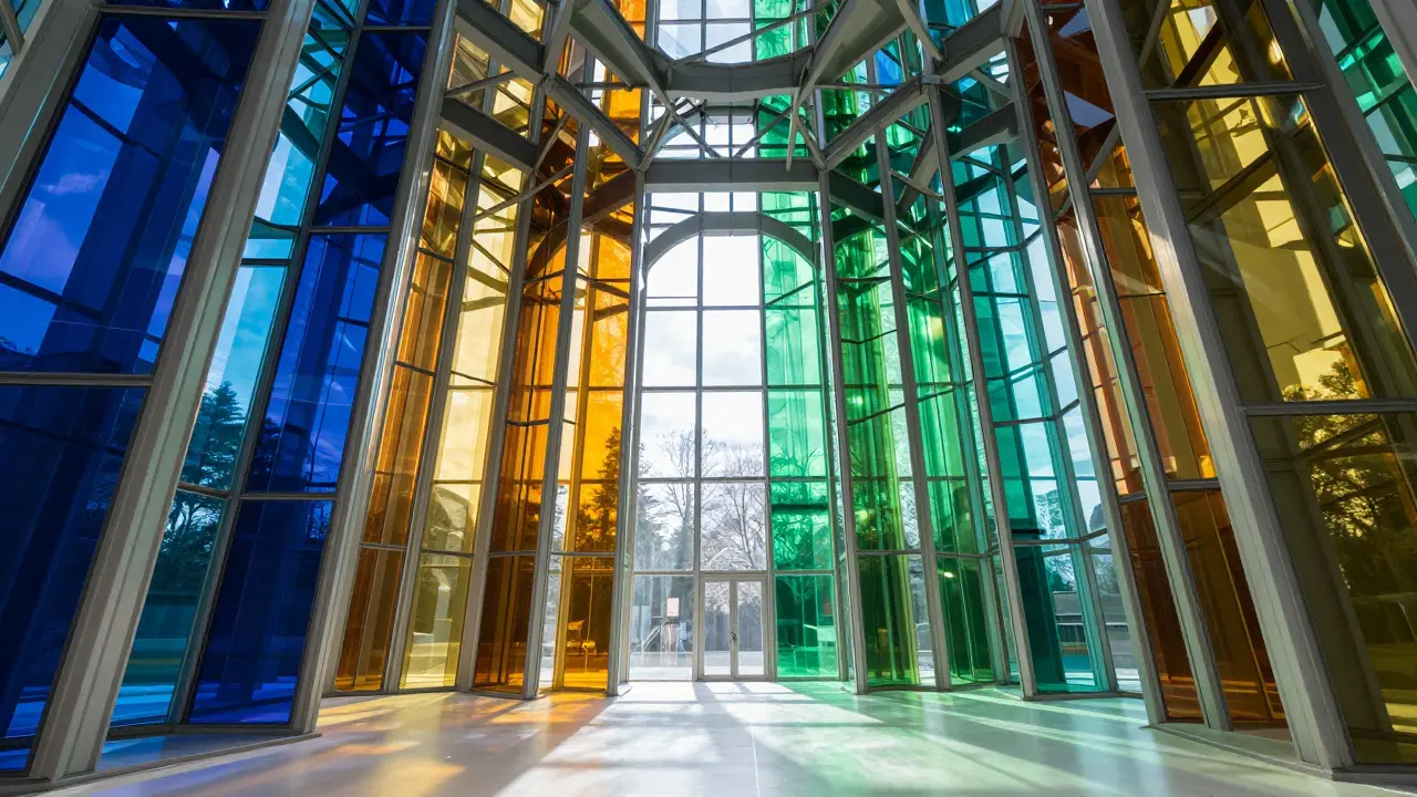 A prismatic glass pavilion refracting colorful light in a spiritual, immersive space.