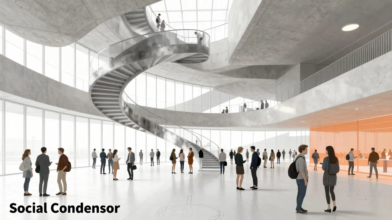 An open communal interior with a spiraling steel staircase and people interacting.