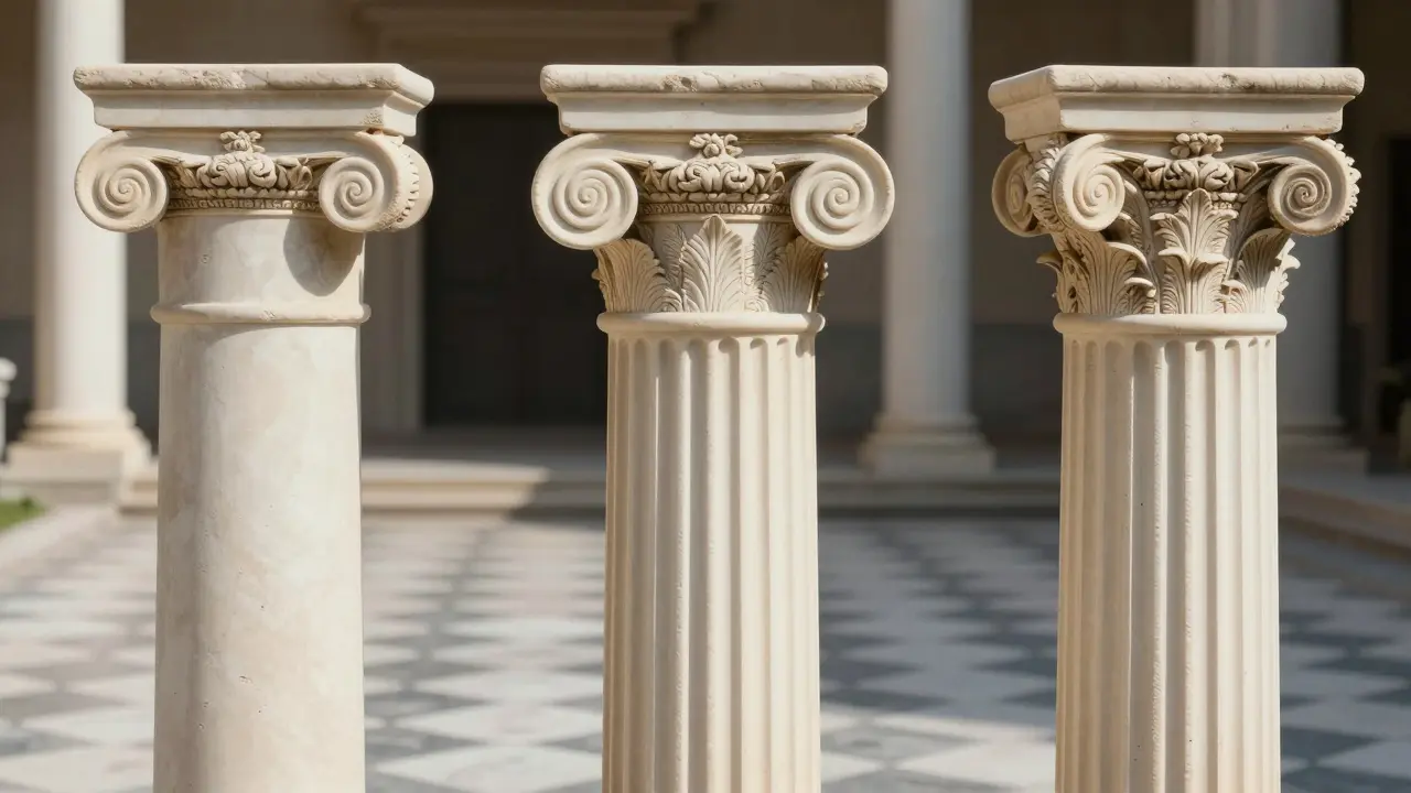 Close-up of Doric, Ionic, and Corinthian columns showing different architectural styles.