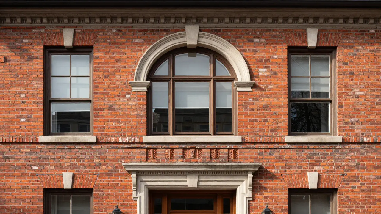 Close-up view of a symmetrical entrance with an arched Palladian window.