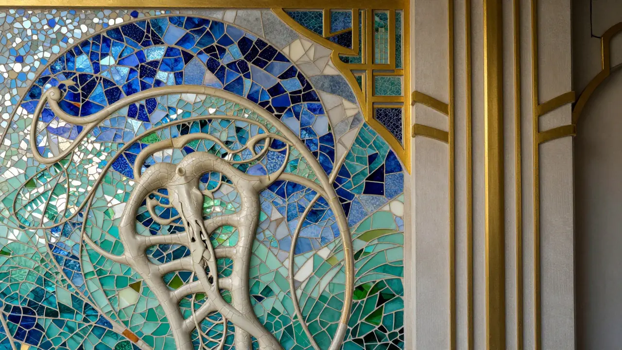 Contrast between organic Art Nouveau ceramic mosaics and geometric Art Deco architecture.