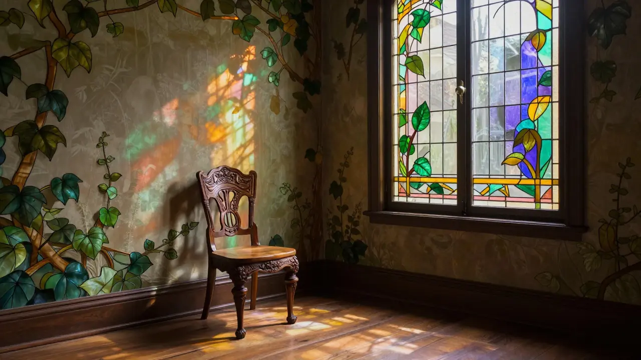 Interior of an Art Nouveau room with stained glass windows casting leaf shadows on wooden floors.