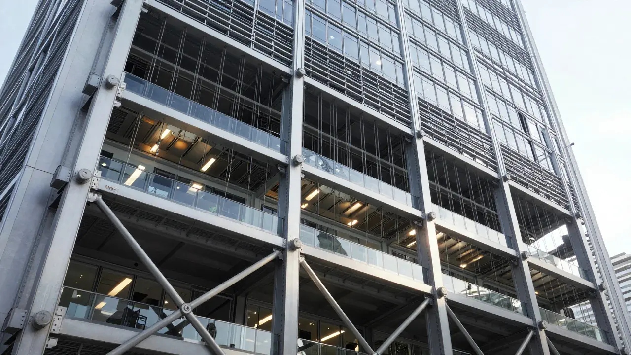 Low-angle view of the HSBC building's steel superstructure and suspended floors in Hong Kong.