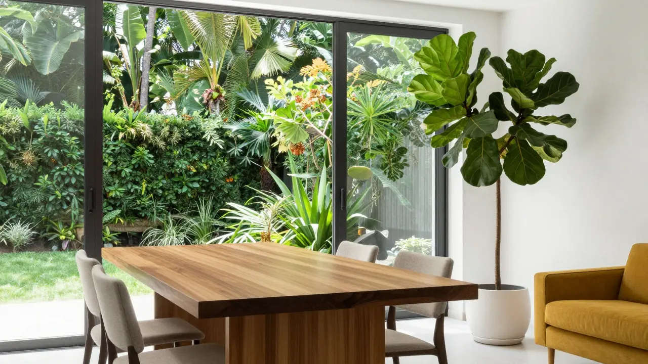Modern living room with teak furniture and large indoor plants next to a glass wall overlooking a garden.