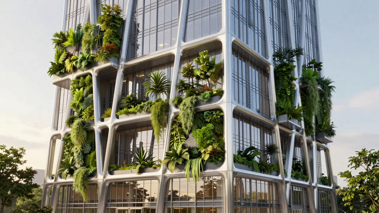 Modern steel diagrid building integrated with lush green vertical gardens.