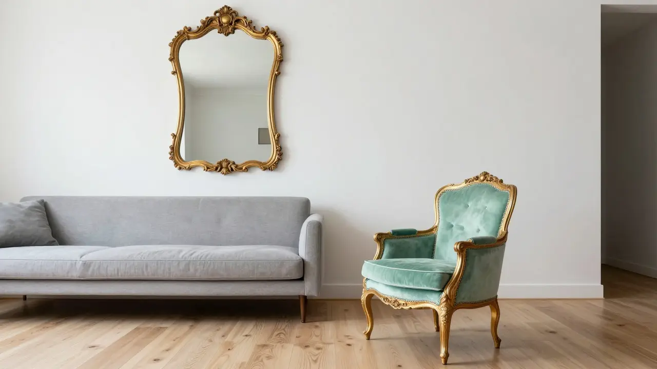 Modern white living room featuring a contrasting mint green and gold ornate Rococo accent chair.