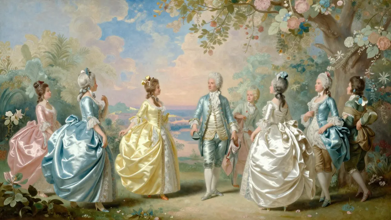 Oil painting of aristocratic figures in silk gowns enjoying a romantic afternoon in a lush park.