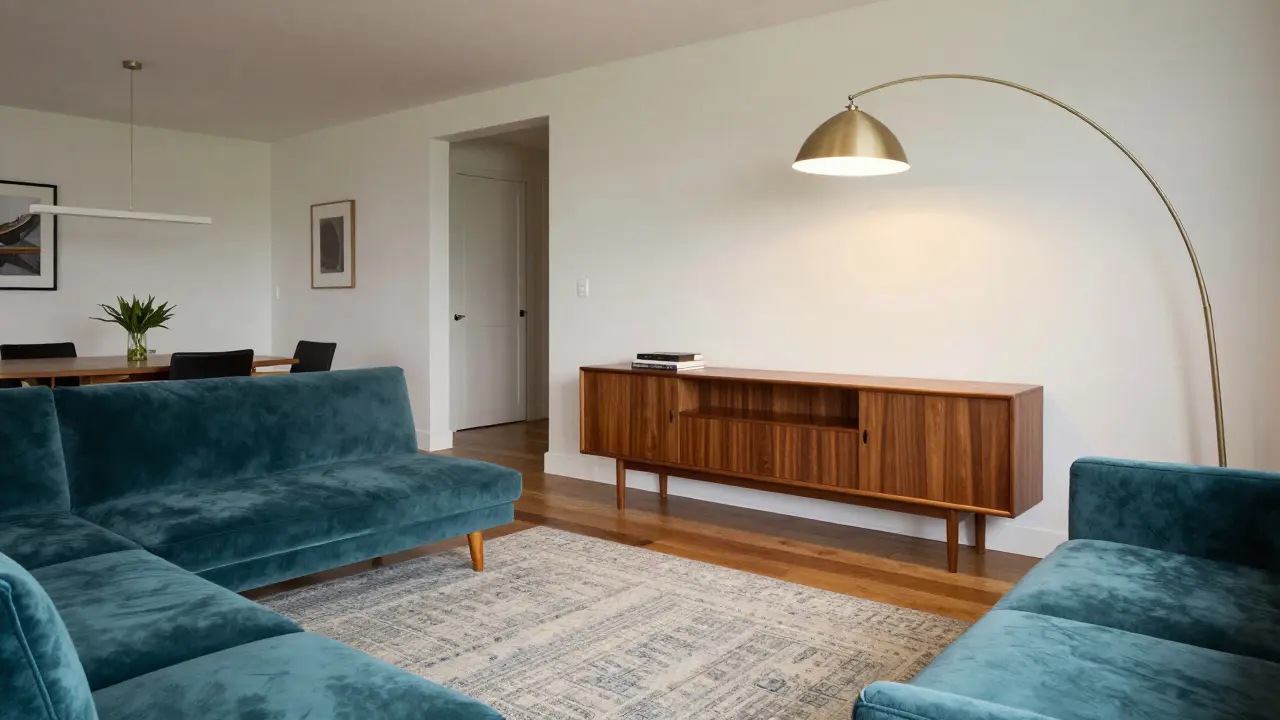Open-plan room using a geometric rug and walnut sideboard to define living and dining zones.