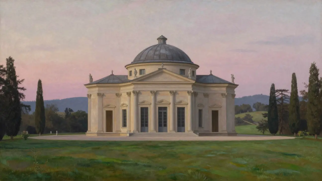 Symmetrical Palladian Villa with a central dome in a peaceful Italian landscape.